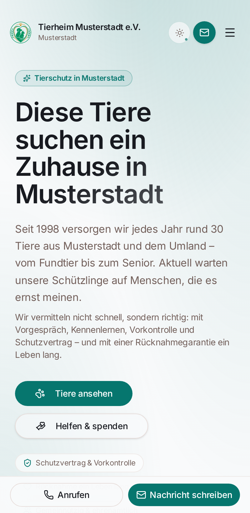 Öffentliche Vermittlungsseite des Tierheim Musterstadt e.V. auf dem Smartphone